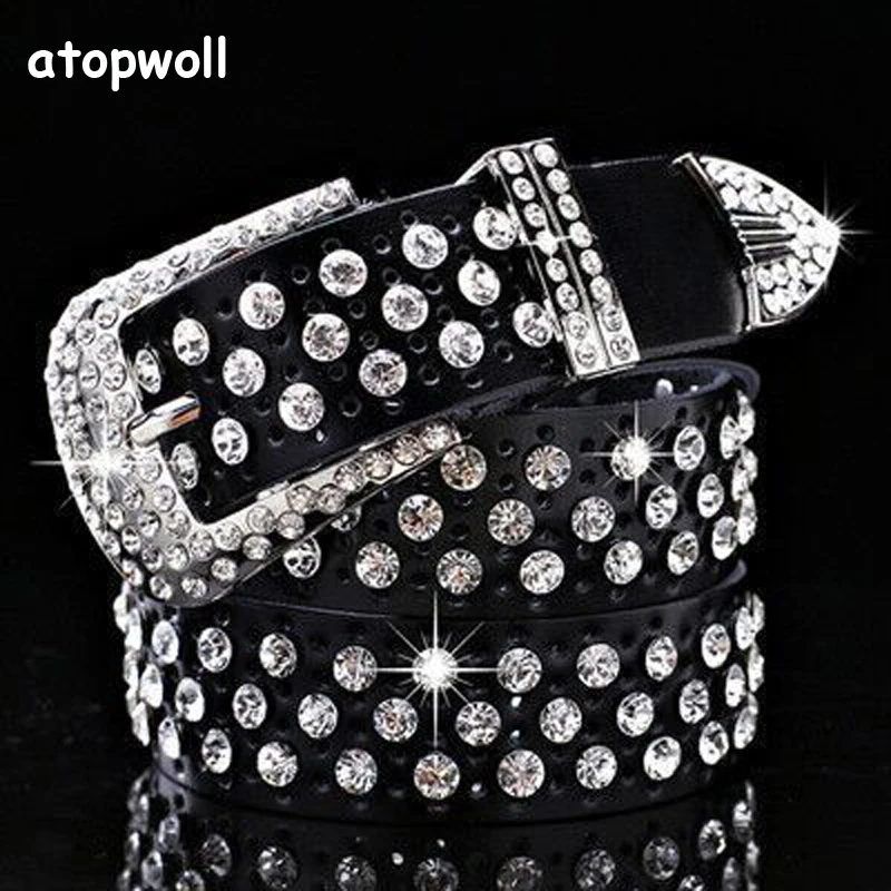 

Luxury Wide Rhinestone 100% Genuine leather belts for women Jeans Pin buckle belt woman High quality Second layer Cowskin strap