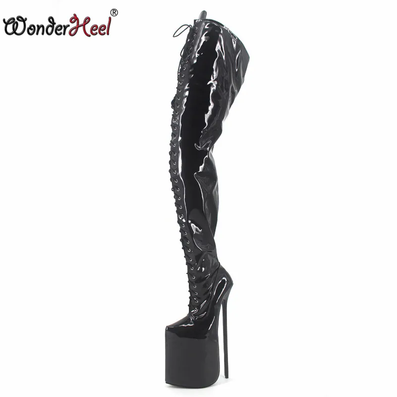 Wonderheel/Новинка высокие сапоги до бедра из лакированной кожи на каблуке 12 дюймов
