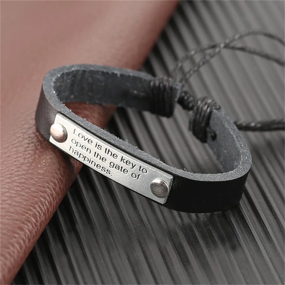 Stylish Black Brown Happiness Door Love Theme Charms Women Leather Bracelets Rope Chain Mother Gift Jewelry  (8)
