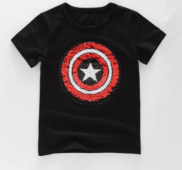Детская футболка со сменными пайетками, унисекс, Человек-паук, Капитан Америка, магические футболки с пайетками, футболка для детей 2-6 лет