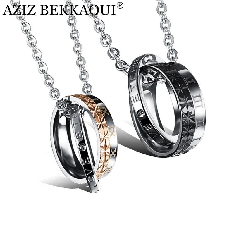 

AZIZ BEKKAOUI Couple Necklace 316L Stainless Steel ETERNAL LOVE Lettering Name Logo Double Circle Pendant Necklaces For Lovers