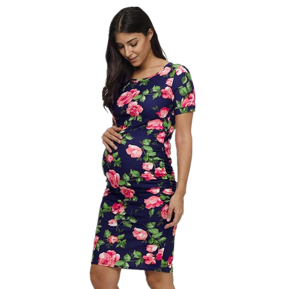 MUQGEW Women Dress Summer Short Sleeve Pregnant Ruched Maternity