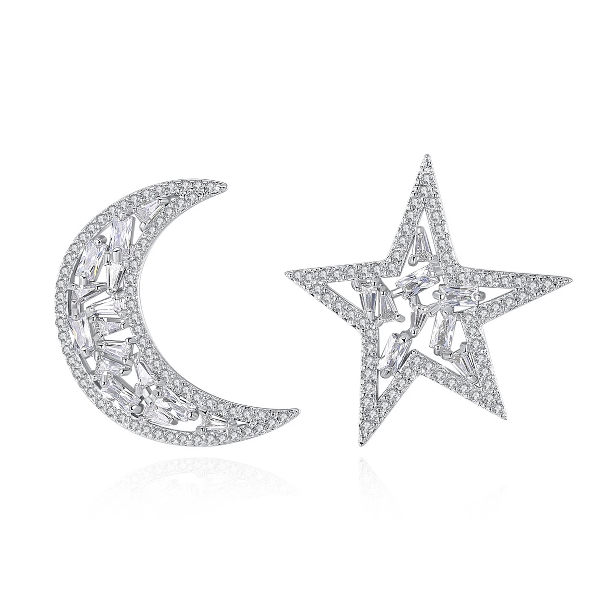 Дизайн AAA кубический цирконий Луна Звезда Асимметричный штифт серьги женские милые серебристый цвет CZ луна звезда серьги