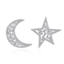 Дизайн AAA кубический цирконий Луна Звезда Асимметричный штифт серьги женские милые серебристый цвет CZ луна звезда серьги
