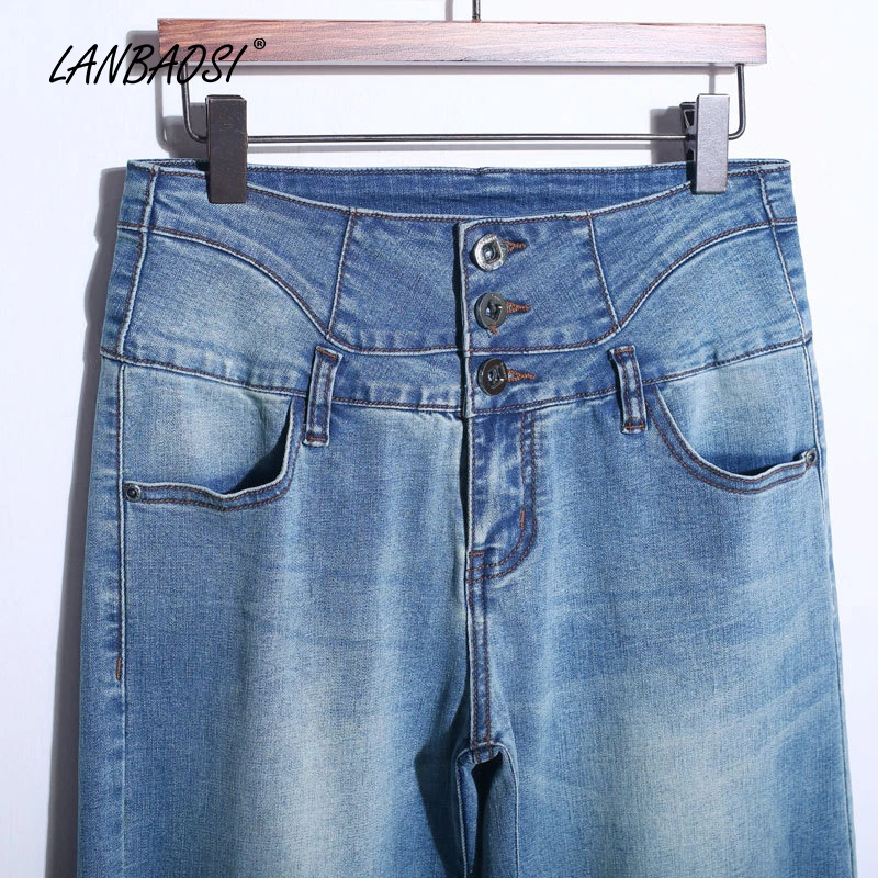 LANBAOSI Cropped Wide Leg Jeans for Women Palazzo Jean High Waist Ladies Flare Blue Denim Pants Female Casual Trousers Mom Jeans