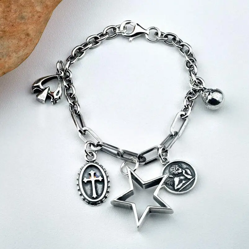 

S925 Silver vintage hollow star round pendant link chain bracelet (YRT)