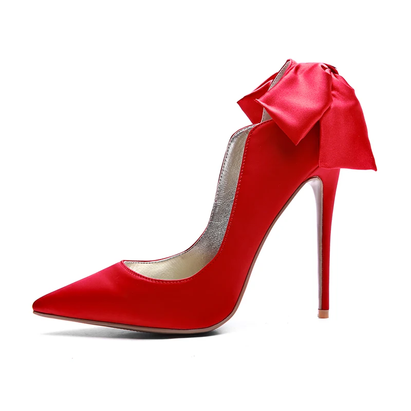 Sur pourpre Satin Pointu rouge Bout Chaussures automne noeud Dame Parti Talons Pompes bleu Haute Mode Printemps Papillon Peu Glissement Mince Profonde Femmes Noir Stilettos XaxwAqg77B