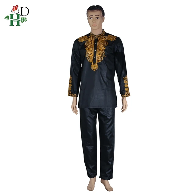 H&D Dashiki Mens Top Pant 2 Pieces Outfit Set African Men Clothes 2022 Riche African Clothing For Men Dashiki Shirt With Trouser black