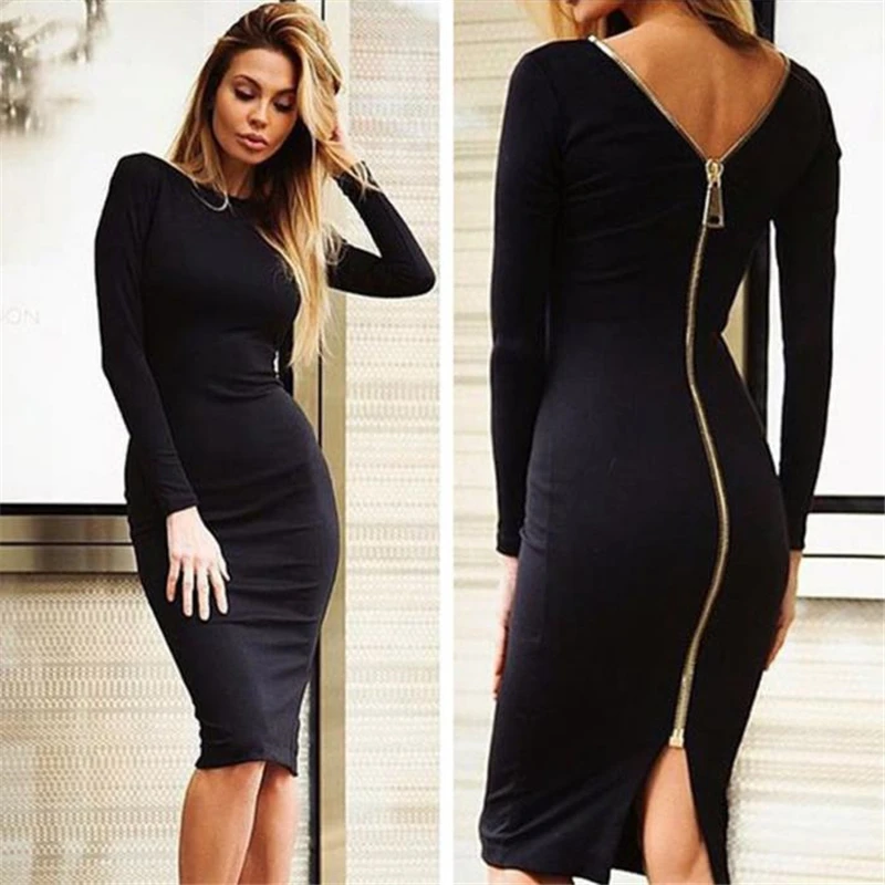 

Simple Fashion Autumn Winter Women Sexy Dresses Long Solid Color Zipped Backless Lady Bodycon Dress IK88