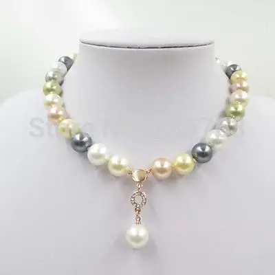 

NEW N733 > 12mm multicolor sea shell pearl necklace pendant 18inch