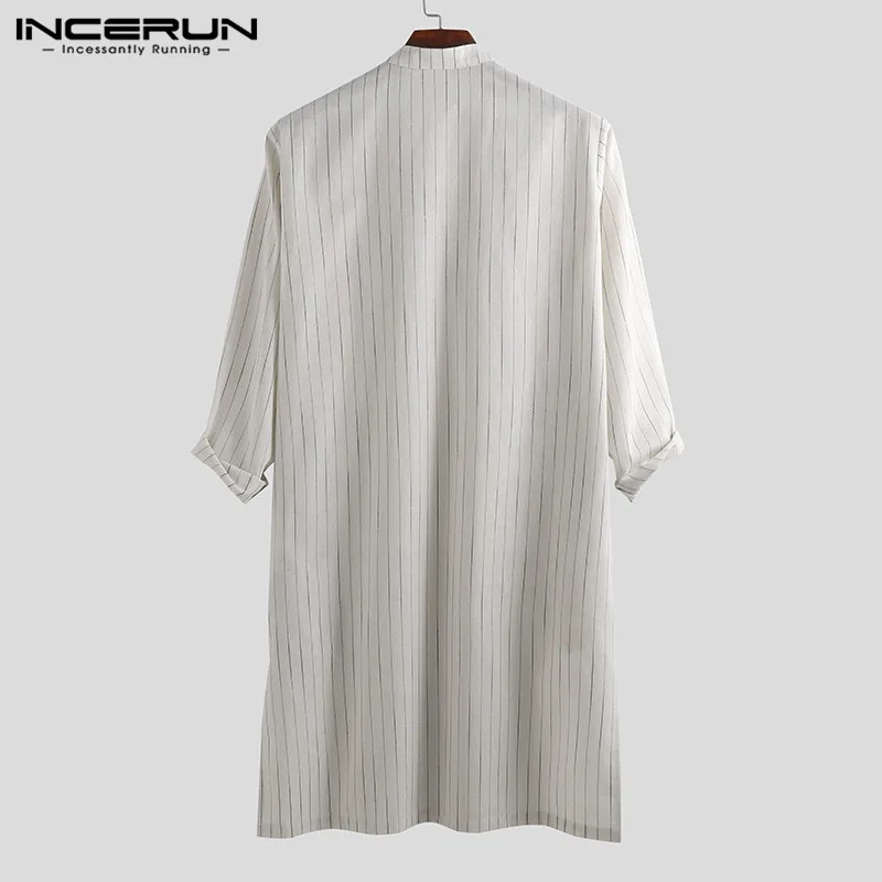 INCERUN Men Muslim Kaftan Long Sleeve V Neck Striped Long Tunic Robes Islamic Caftan Saudi Arab Middle East Men Jubba Thobe