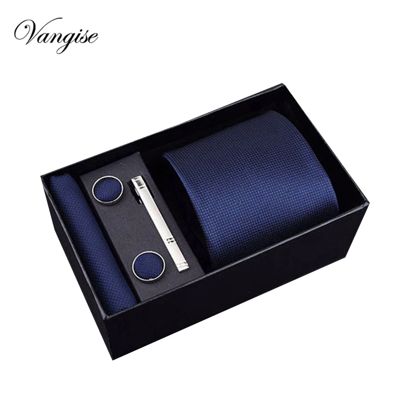 

Vangise Mens Tie Black Blue Paisley Polyester Classic Tie Hanky Cufflinks&clips Set For Men Formal Wedding Party Groom Hot Sell