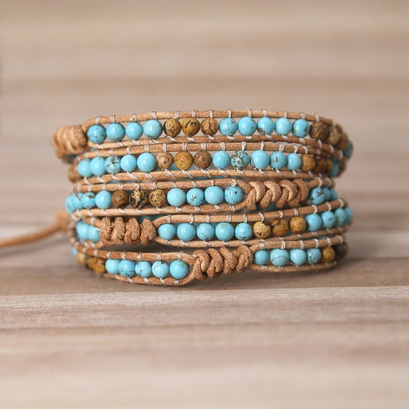 

Unique Mixed Natural Stones turquoises beads 5 Strands Wrap Bracelets Handmade Boho Bracelet Women&men Leather Bracelet