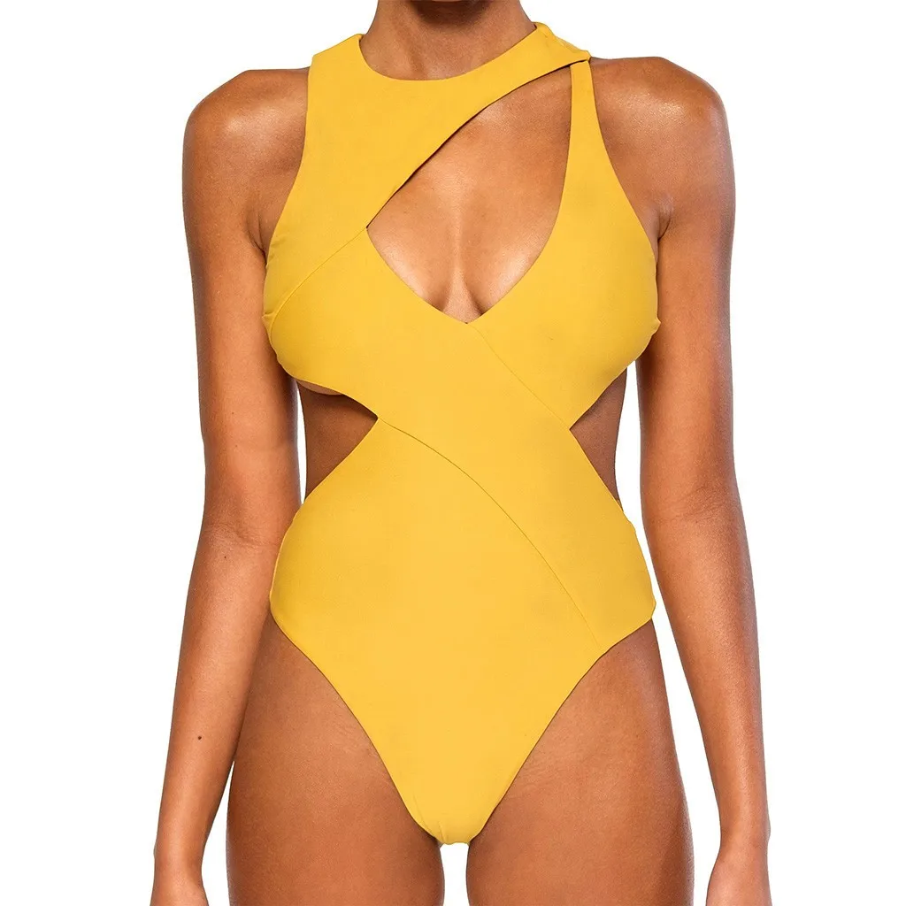 

One Piece Swimsuit Female 2019 Sexy Yellow Hollow-out Swimwear Women Back zipper High Cut Monokini Swimming Suit For Women