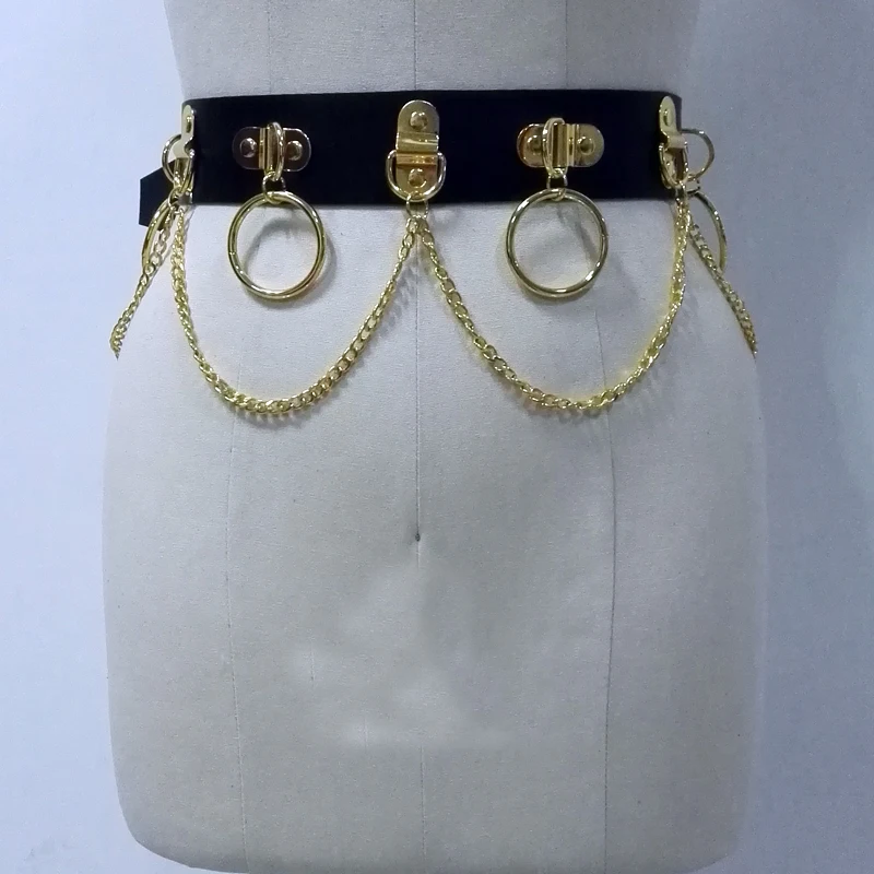 

Custom 100% Handmade Unisex Men Women Black Jelly Waist Belt Viny Gothic Bondage Gold Silver Circle Metal Chain Link Waist Strap