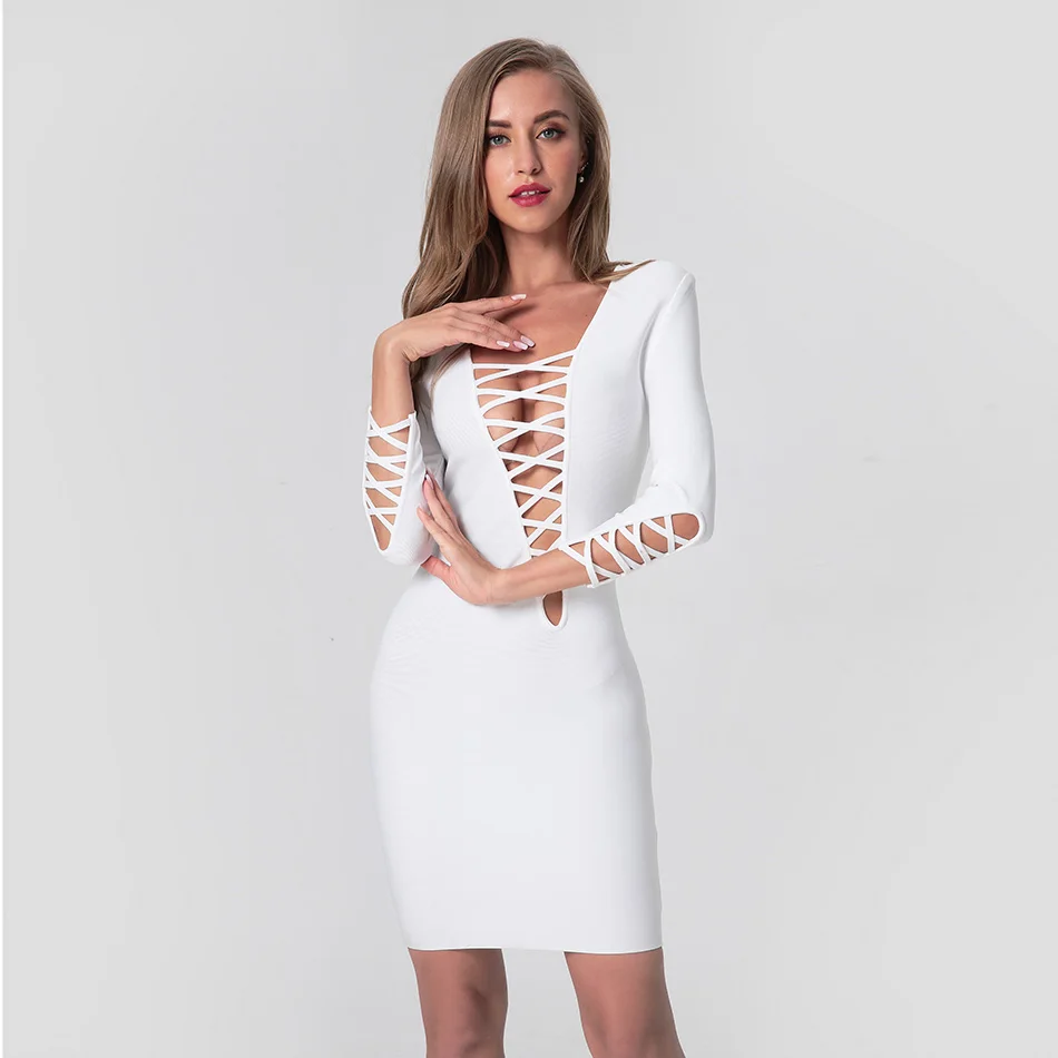 

Sexy O Neck Hollow Out Solid Bandage Dress Women Cut Out High Qualtiy New Fashion Spring Party Dresses Runway Slim Vestidos