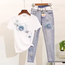 Taotrees/женская футболка с короткими рукавами и вышивкой 3D цветком и бусинами + цветочные джинсы, летние женские комплекты из двух предметов