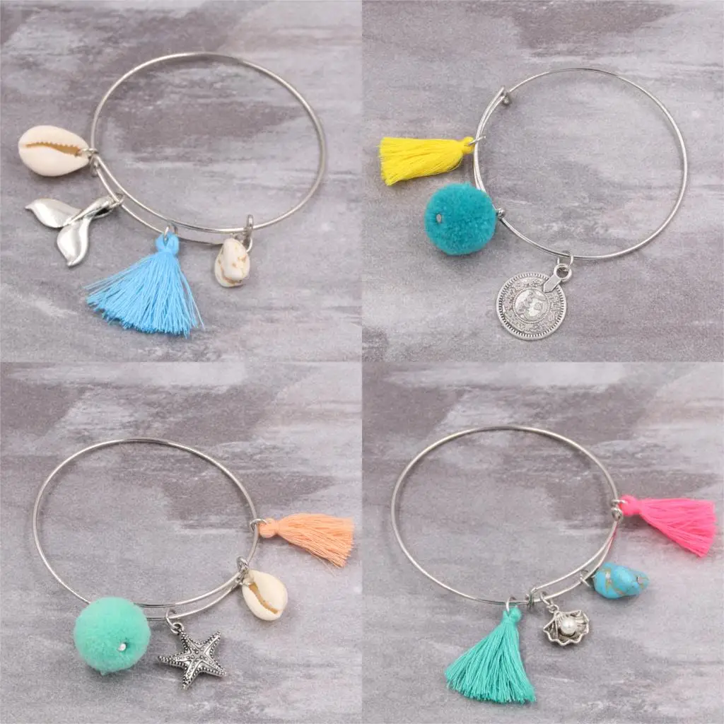

1pc Summer Shell Starfish Charms With Tassel Bangle Bracelet Pompons Jewlery Adjustable Expandable Wire Bangle Beach Gift