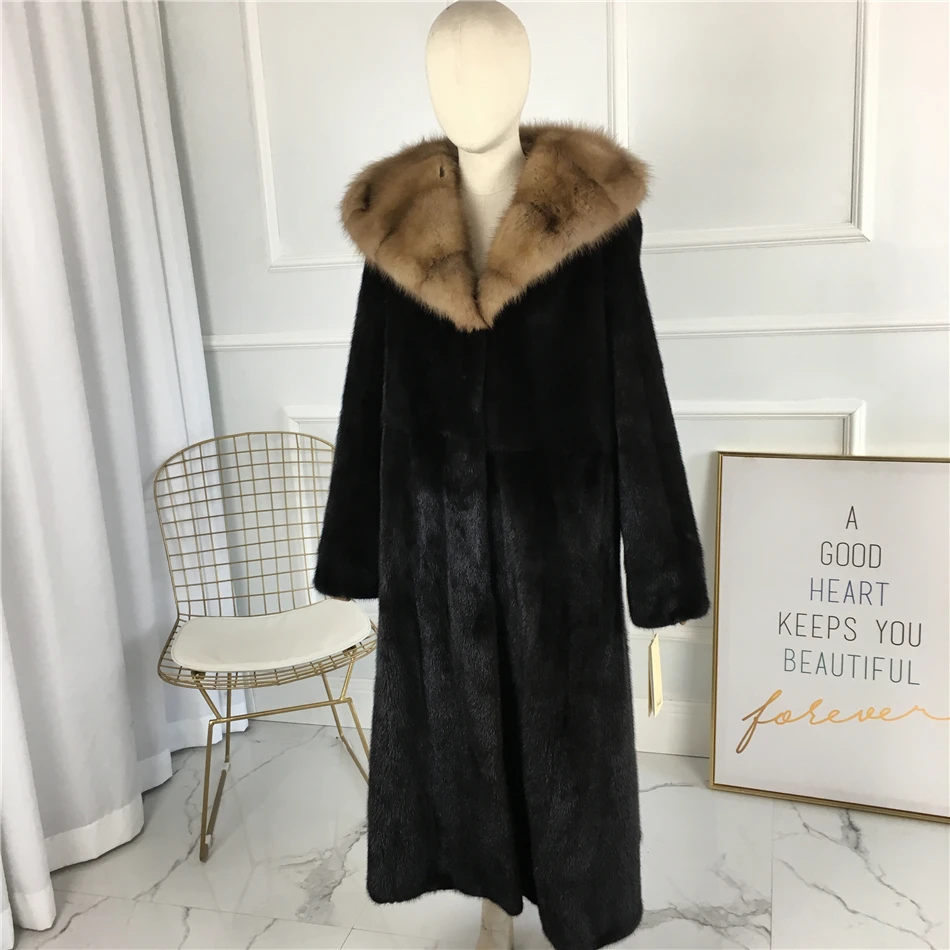 Женское классическое длинное пальто из натурального меха норки с капюшоном из соболя, осенне-зимнее длинное популярное пальто из натурального меха норки 120