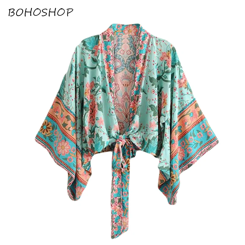 

Boho Vintage Floral Print Sashes short Kimono Women New Fashion V Neck batwing Sleeves Ladies Blouses Casual Blusas