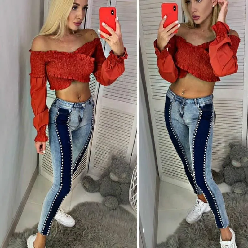 

skinny jeans woman high street spliced with beading jeans woman 2019