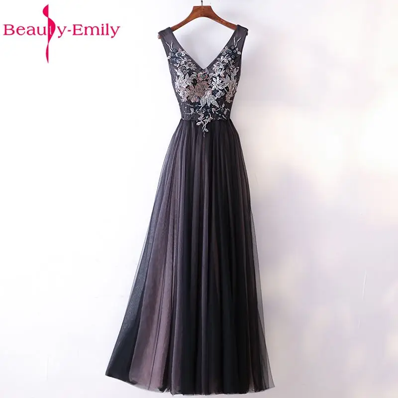 Beauty-Emily Black Plus Size Long A-Line Evening Dresses 2018 V-Neck Appliques Tulle Women Formal Long Evening Prom Dresses Beauty-Emily Black Plus Size Long A-Line Evening Dresses 2018 V-Neck Appliques Tulle Women Formal Long Evening Prom Dresses