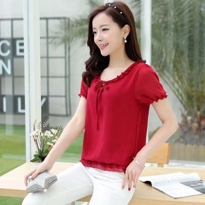Блузки женские летние кружевные шифоновые топы и блузки модные корейские блузки женские офисные рубашки больших размеров XXXL/4XL белый/розовый - Цвет: Бургундия