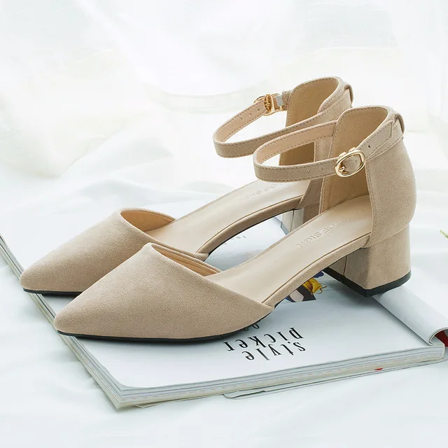 women pumps Word buckle Hollow Suede Single shoes Thick with Pointed Toe High heels women shoes Beige 4CM