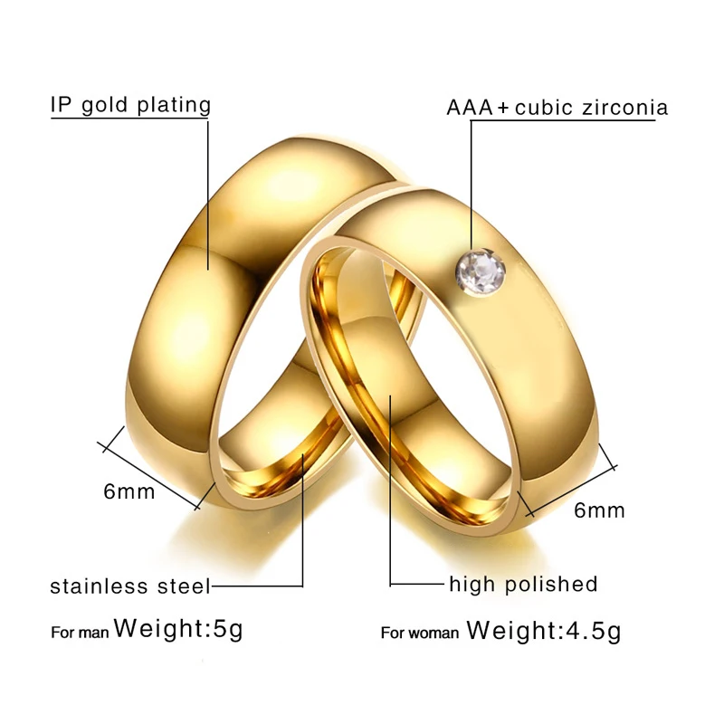 6 мм Ширина обручальное кольцо для женщин и мужчин золото Цвет Нержавеющая сталь обручальное кольцо AAA+ кубического циркония кольцо Альянса