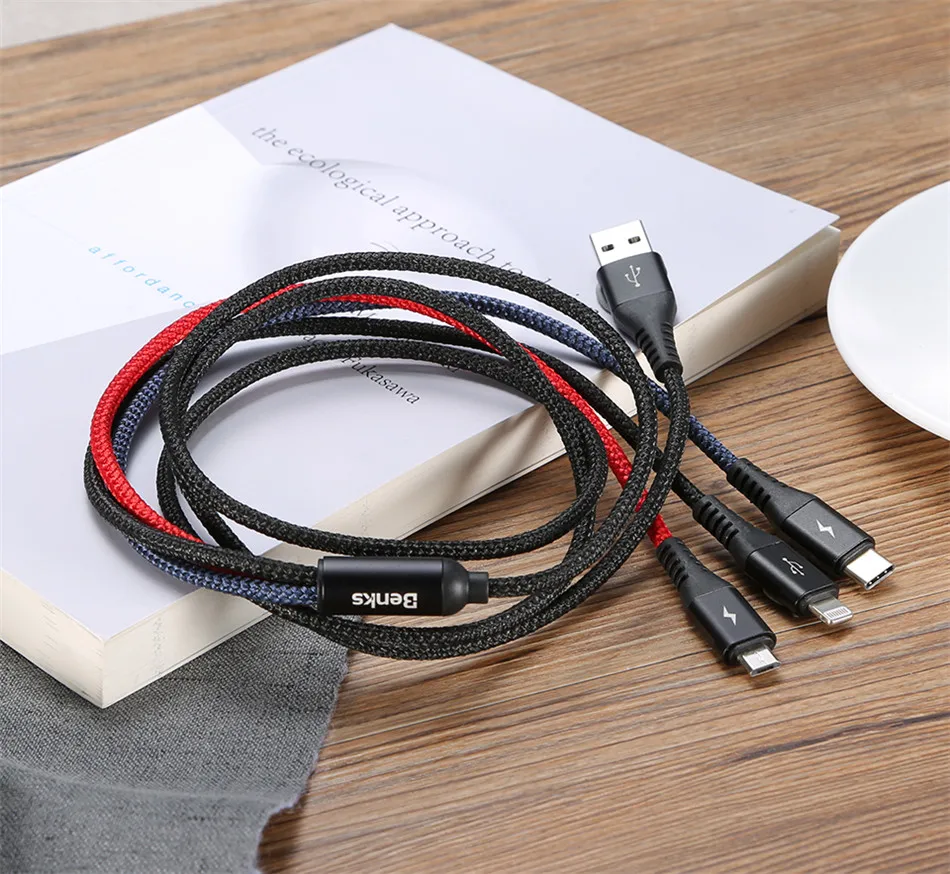 Benks Universal 3 In 1 Lighting Charger Cable For iPhone X 7 8 6 Plus Micro USB Type C For Oneplus Xiaomi 5 Phone Charging Cable (16)