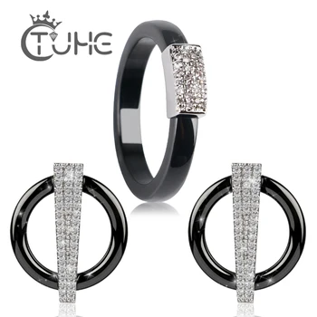 

Luxury Shinny Bling CZ U Shape Stud Earrings Rings Set Fashion Round Rhinestone Ceramic Rings Earrings Set Wedding Jewelry Gift