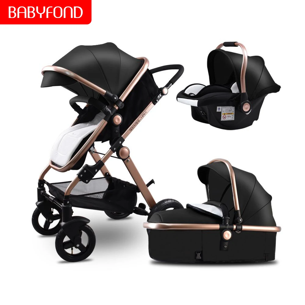 Babyfond, черная, 3в1 коляска,, реверсивное сиденье, с ручкой, роскошные кожаные детские коляски, 0-3 года, высокий пейзаж