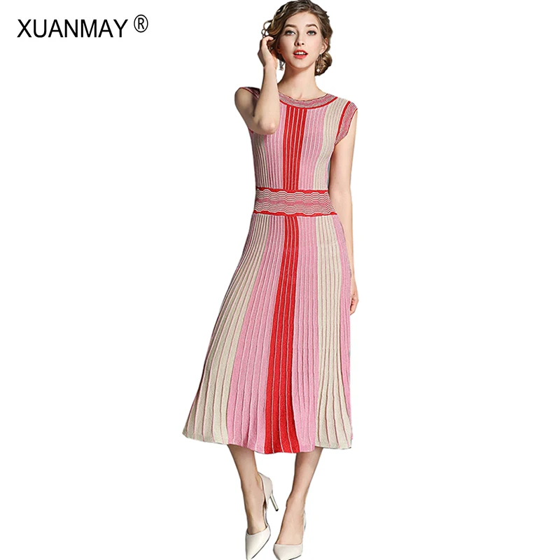 

2019 Summer Fashion Designer Women Colorful Stripe Bohemia Sweater Dress Summer style Slim Sexy Red Long Knit Vest Dress