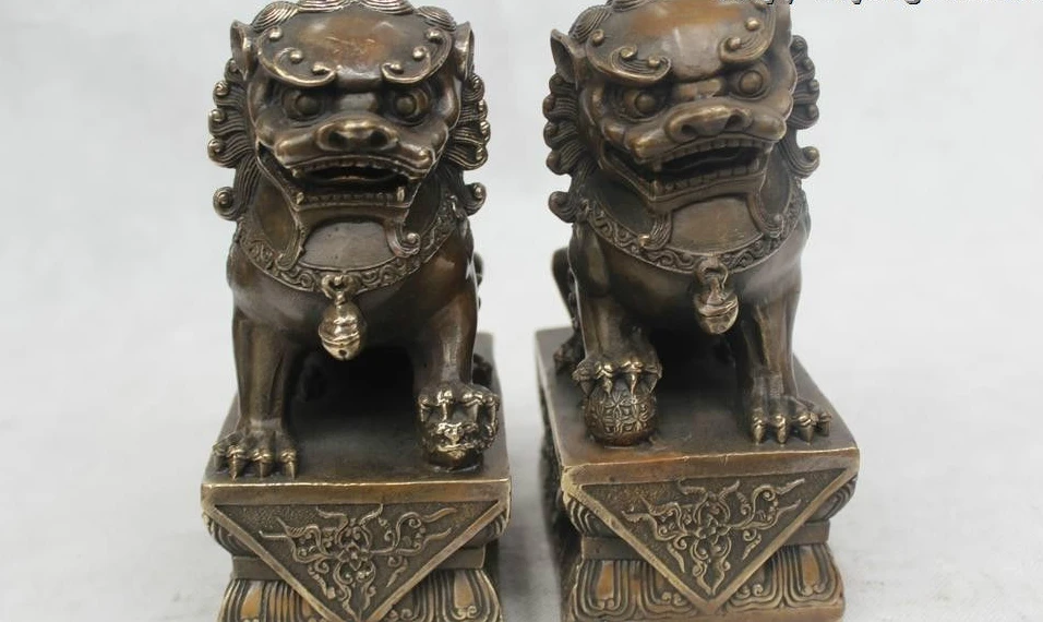 

7"Chinese Folk Pure Bronze excellent Lucky Foo Dogs Lion Statue Pair