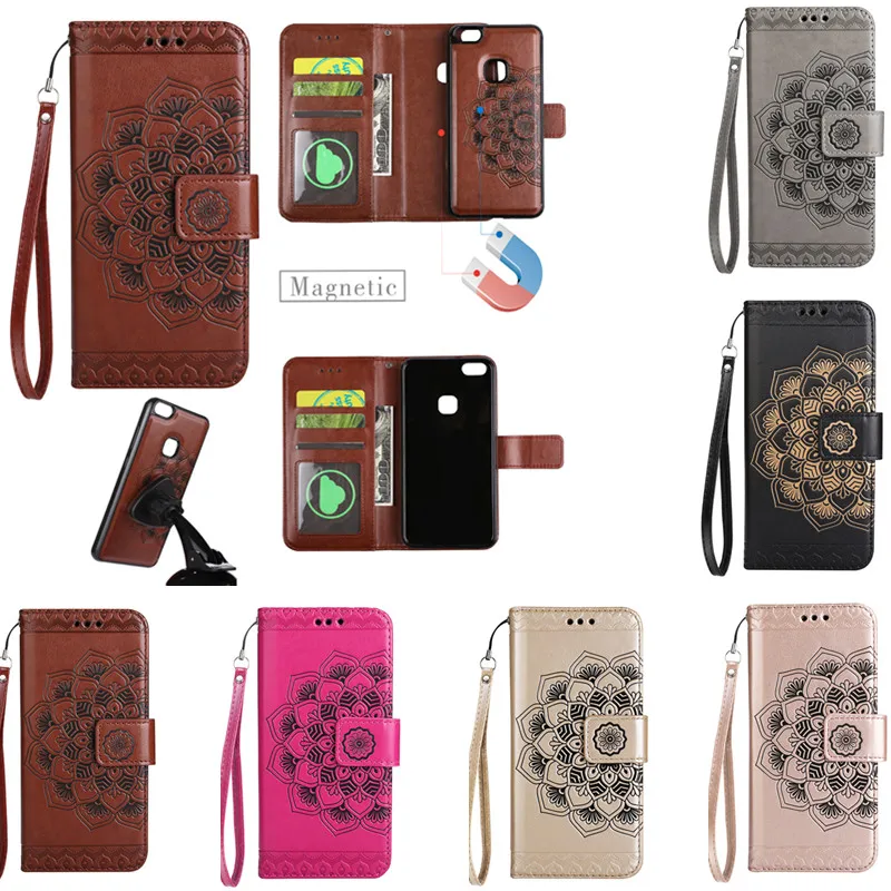 100PCS 2017 Detachable Photoframe Embossed Mandala Flower PU Leather Wallet Case Capa for Huawei P10 Lite P8 | Мобильные телефоны и