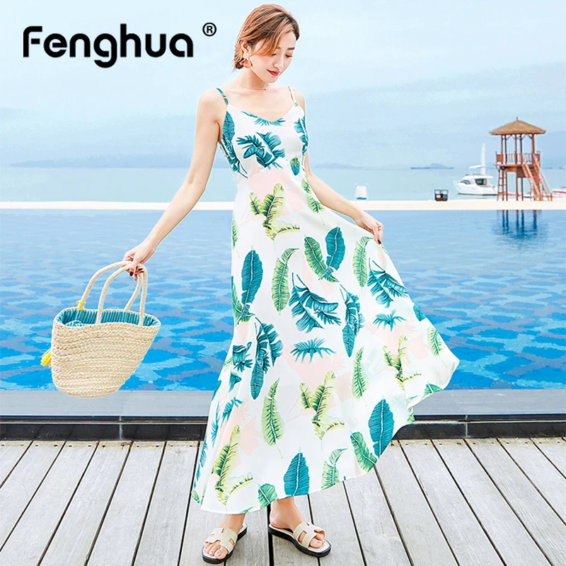 

Fenghua Summer Dress Women 2019 Sexy Casual Fashion Long Beach Dress Sleeveless Backless Spaghetti Strap Floral Dress Female