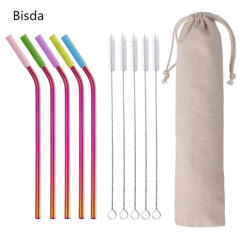 

10pcs Stainless Steel Drinking Straw Set With Silicone Sleeve +5 Brushes+2 Bags Reusable Metal Straws Set For Bar Accessories