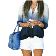 2016 New Women Summer Ladies Casual V Neck Blouses Loose Shirts Gradual Change Long Sleeve blusas y camisas mujer EY700