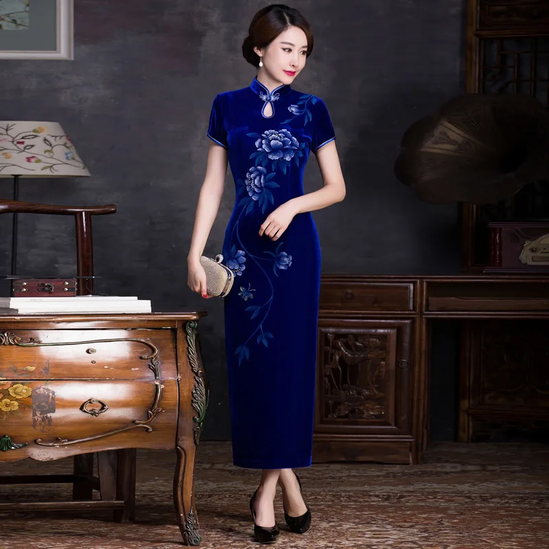 

Classical Sexy Long Cheongsam Blue Traditional Evening Gown Chinese Fashion Wedding Dress Qipao Modern Woman Robe Chinoise