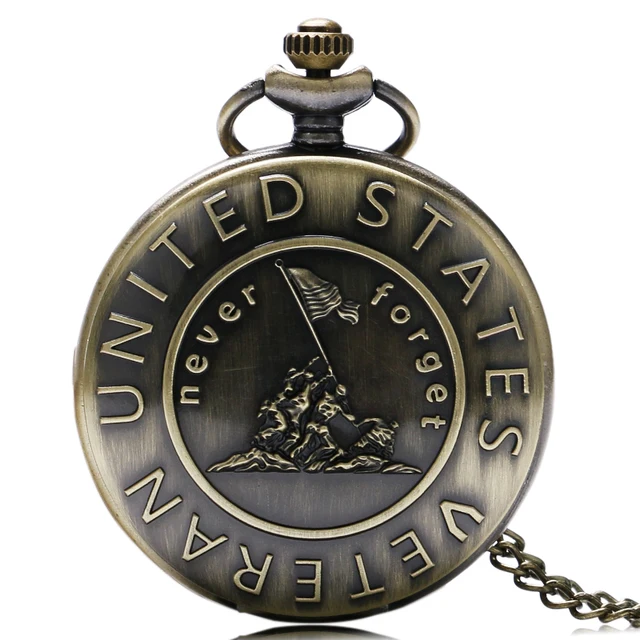 Remember The History "United States Veteran" Bronze Pocket Watch With Necklace C Remember The History "United States Veteran" Bronze Pocket Watch With Necklace C
