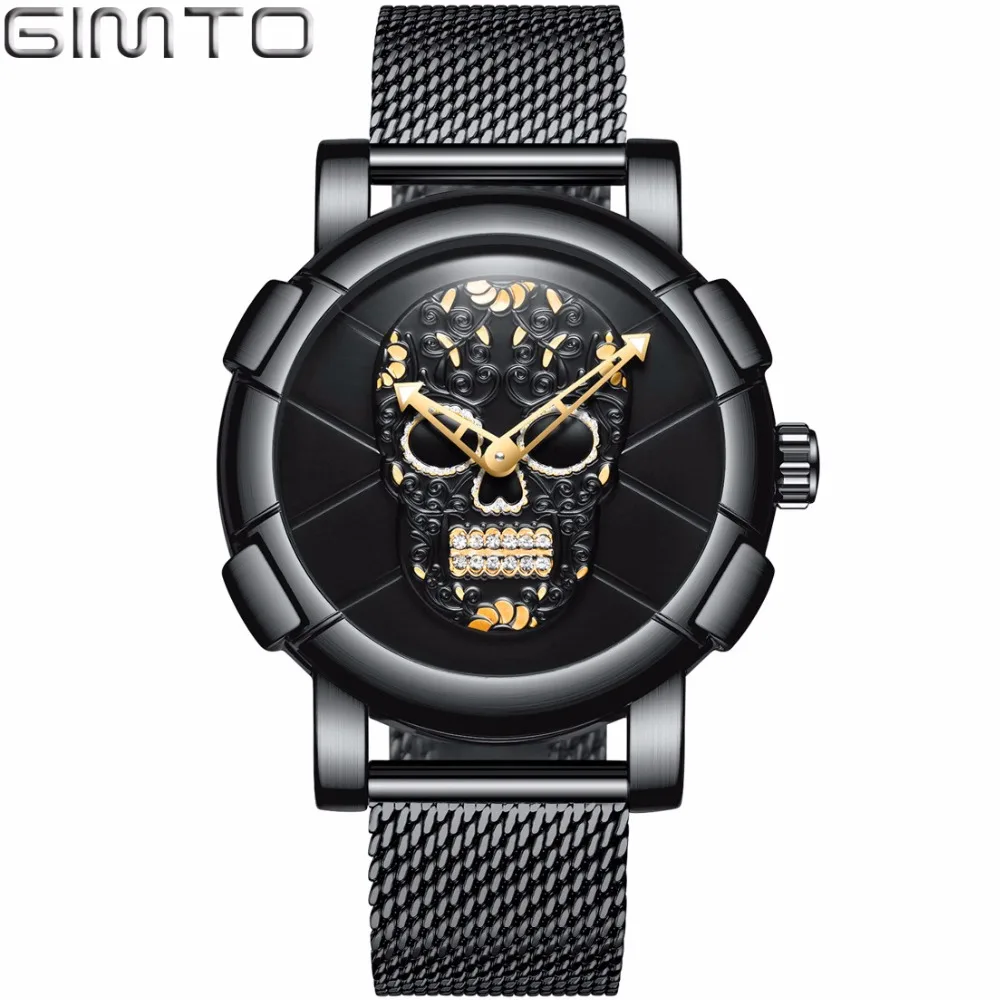 

GIMTO 2018 Fashion Skull Men Watch Quartz Luxury Brand Gold Clock Military Waterproof Mesh Band Creative Male Sport Wrist Watch