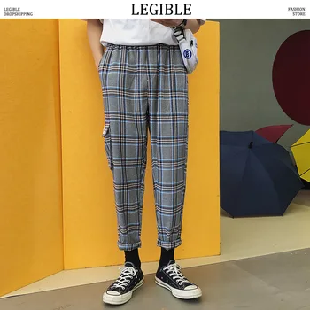 

LEGIBLE Plaid Pants Mens Hip Hop Harem Pants Male Casual Pocket Joggers Pants Men Ankle-Length Pants Men Trousers