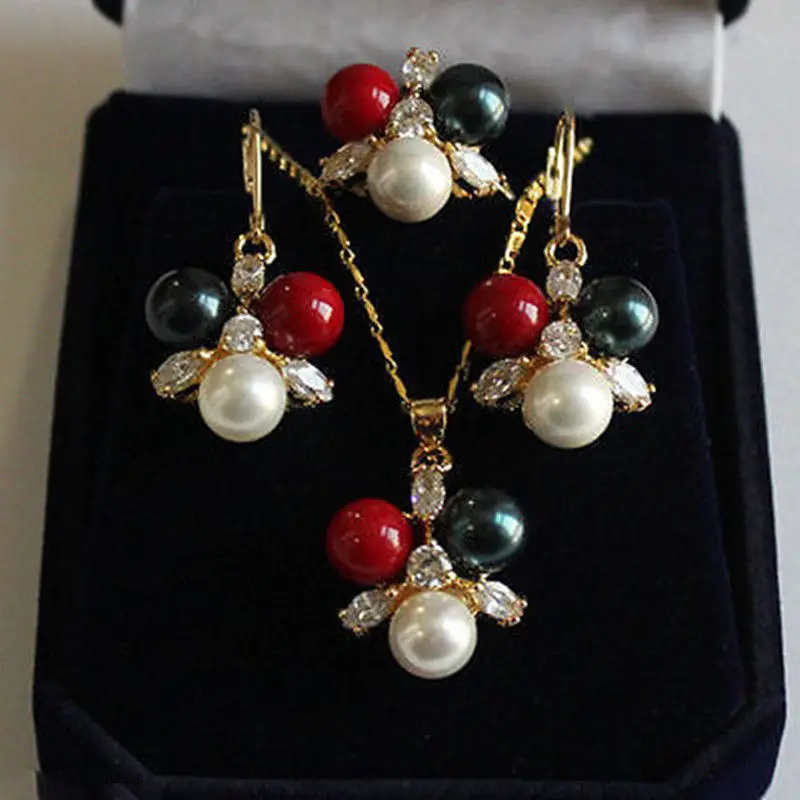 

hot sell new - Colorful 8mm South Sea Shell Pearl Gold Plate Crystal Earring Pendant Ring Set NEW NEW