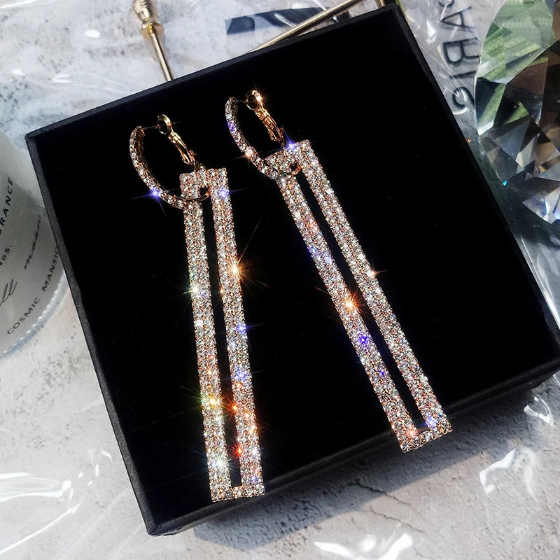 

KMVEXO Fashion Long Geometric Drop Earrings Luxury Gold Silver Color Rectangle Rhinestone Earring for Women Party Jewelry Gifts