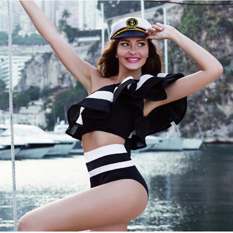 

PINK WIND Navy Style Black Red Blue Big Mesh Flounce Bikini Set 2017 Female Stripe High Wasit Swimwear Off shoulder Bathing Suit