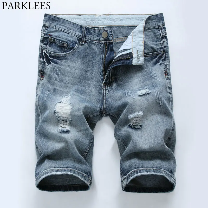 Мужские модные рваные джинсовые шорты летние новые хлопковые тонкие джинсовые шорты мужские повседневные Прямые джинсовые шорты до колен Hommes