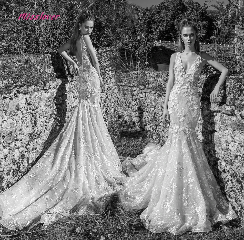 

Luxury lace with Flowers Vestido De Noiva Silky Organza Mermaid Bride Wedding Dress 2019 new Bridal Gown Sexy V-neck backless
