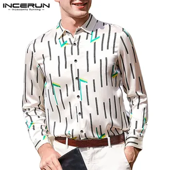 

INCERUN 2020 Silk Satin Print Men Shirt Long Sleeve Lapel Neck Fitness Button Camisa Streetwear Business Brand Dress Shirts Men
