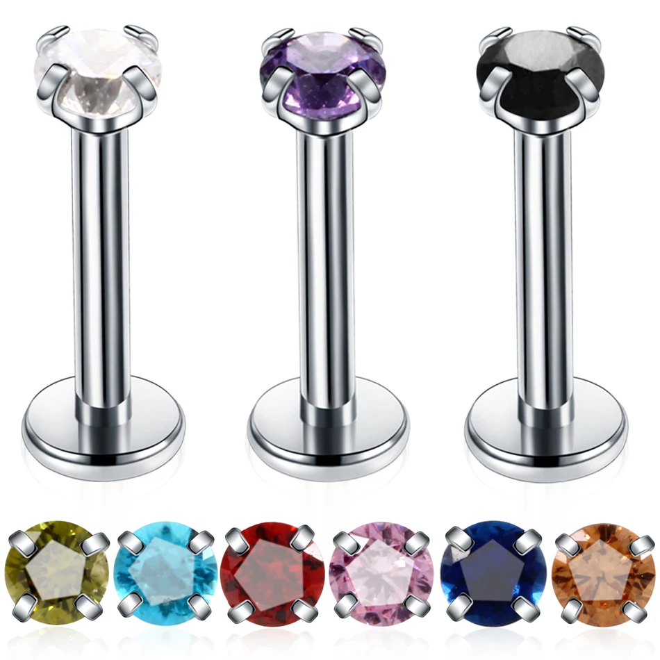 

1PC New Steel Prong Set Round Crystal Zircon Colorful Labret Stud Lip Rings Ear Cartilage Tragus Piercing Sexy Girls Jewelry 16g