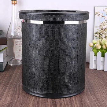 

Round double-layer black color trash bin metal+leather rubbish bins kitchen trash bag storage kitchen trash cans PLJT03